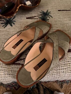 Giorgio’s of Palm Beach ostrich Sage Green Leather Crisscross Slide Mules